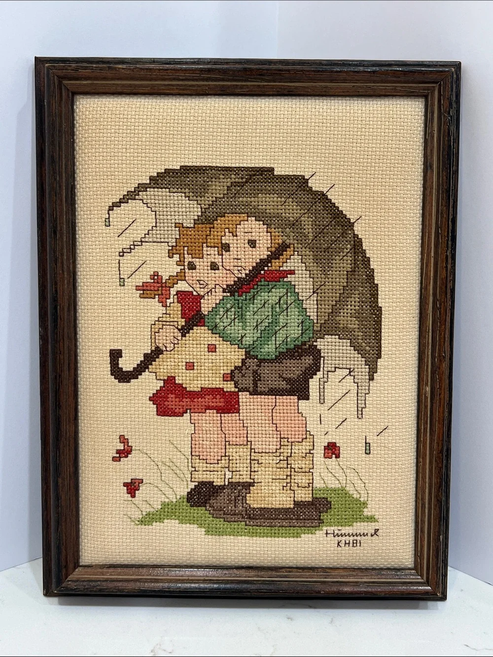 Vintage Hummel Style Cross Stitch “Stormy Weather” Framed Wall Art